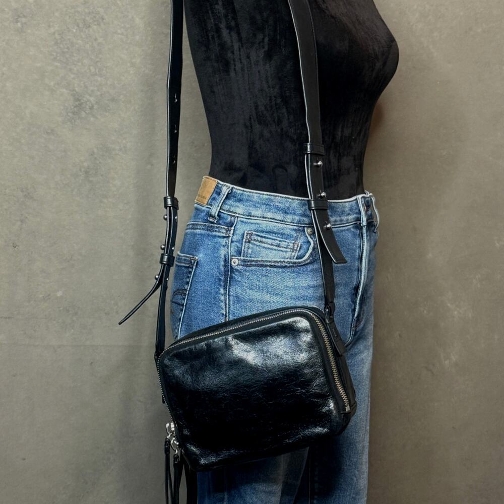AllSaints Vincent Shiny Black Crackled Leather Double Zip Crossbody Bag